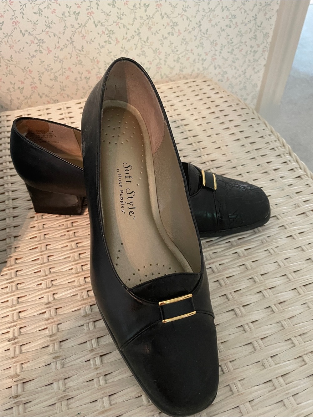 Soft Style Black Leather Low Heel Loafers with Gold Buckle